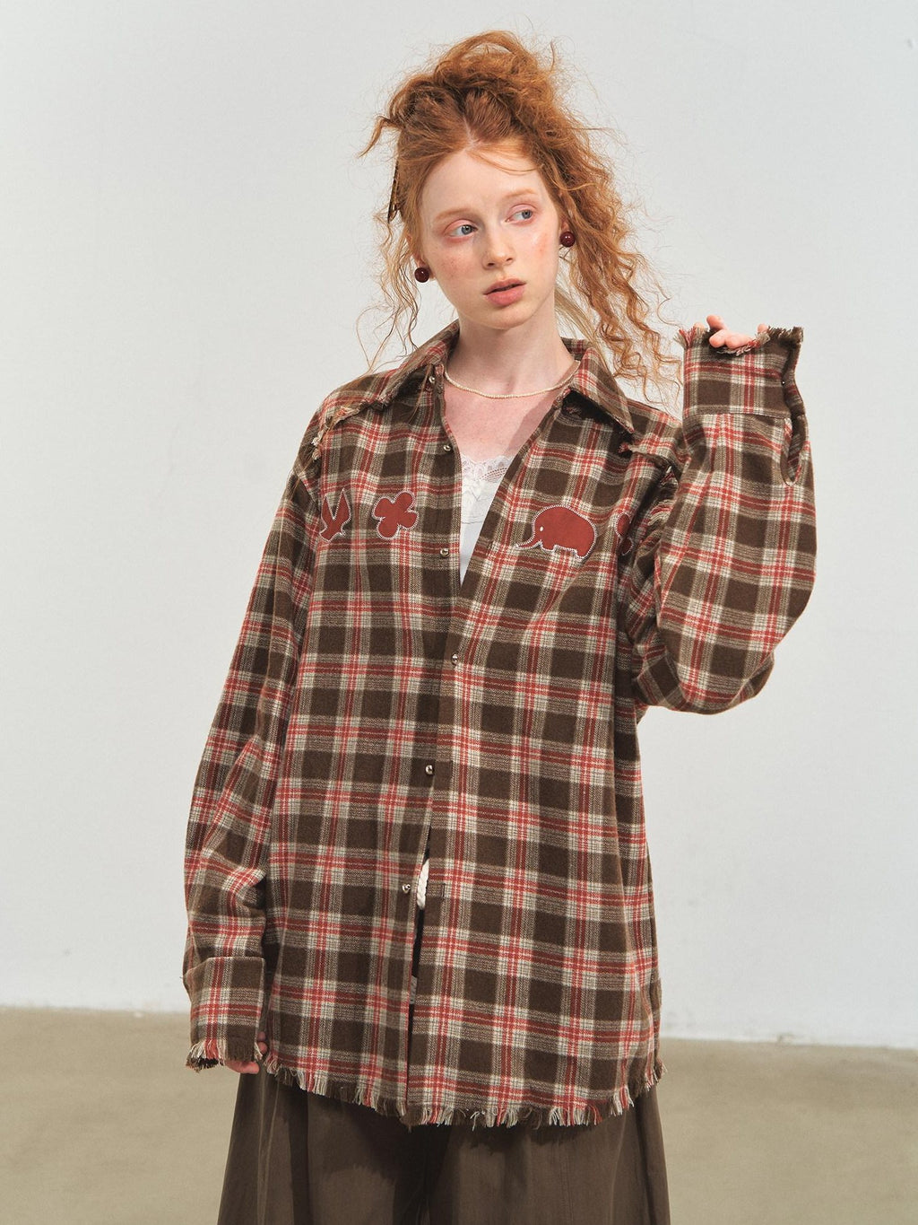 SOMESOWE Durable Fringe Plaid Loose Polo Collar Long Sleeve Women Wool Shirts