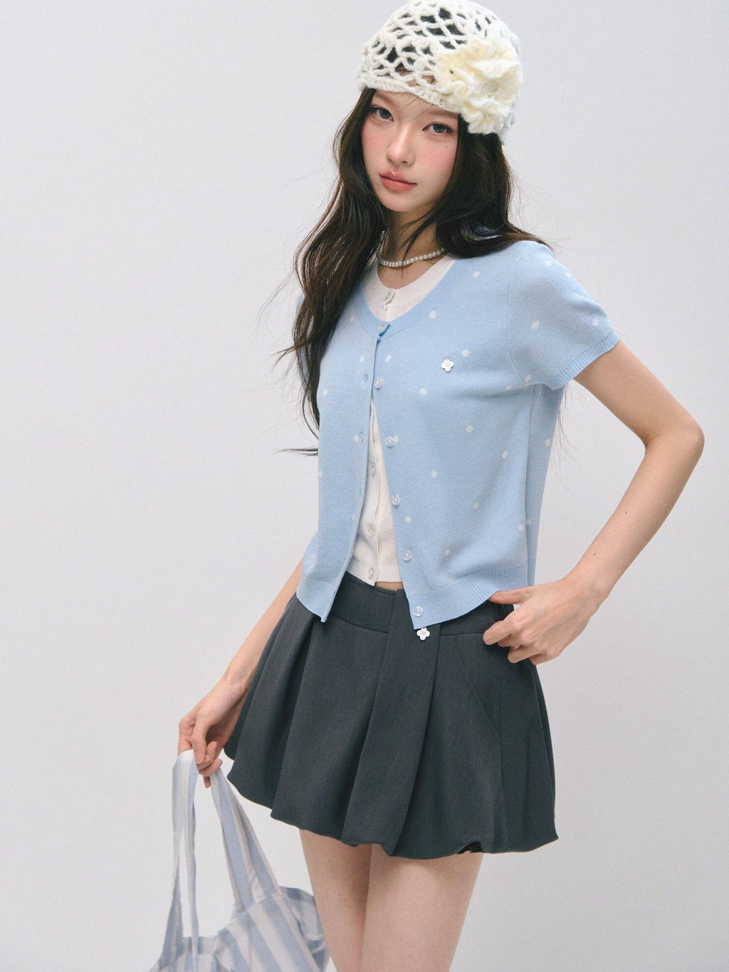Polka Dot Knitted Casual Short Sleeve Two Piece Women T Shirt Basic Crop Tops