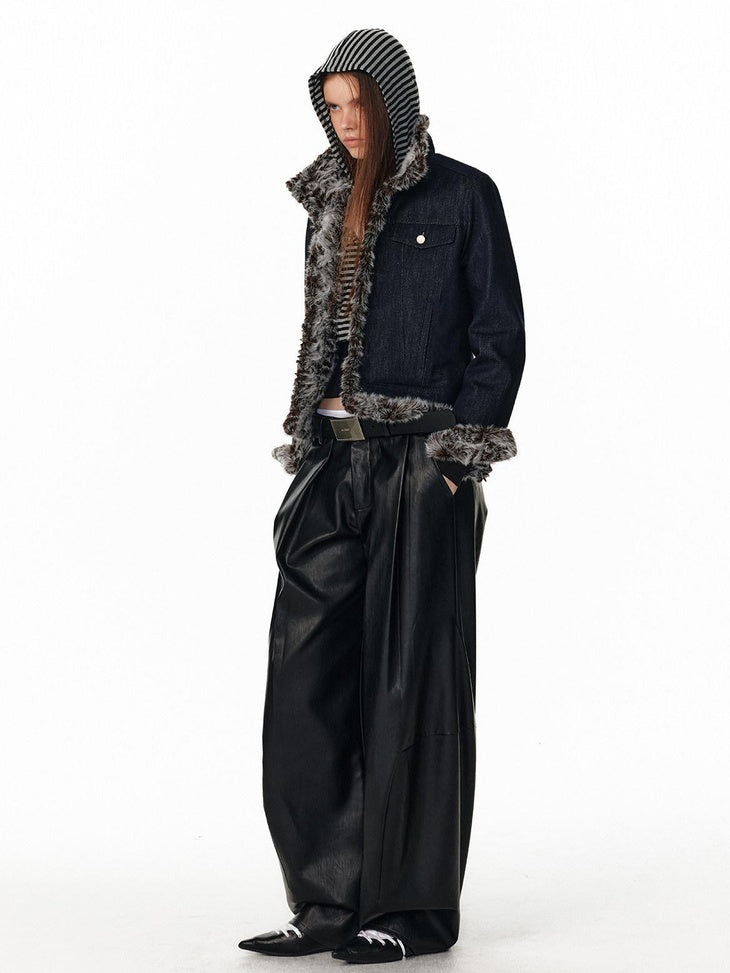 ALINNVSTUDIO Pu Leather Utility Natural Waist Curved Seam Black Women Wide Leg Pants