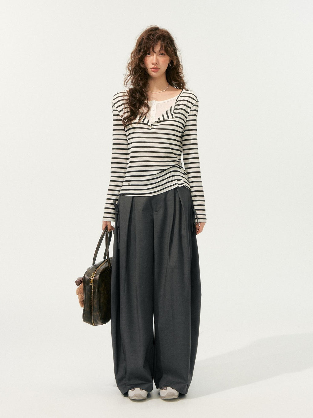 SOMESOWE Plaid Pocket Loose Fit Natural Waist Button Grey Casual Women Wide Leg Pants