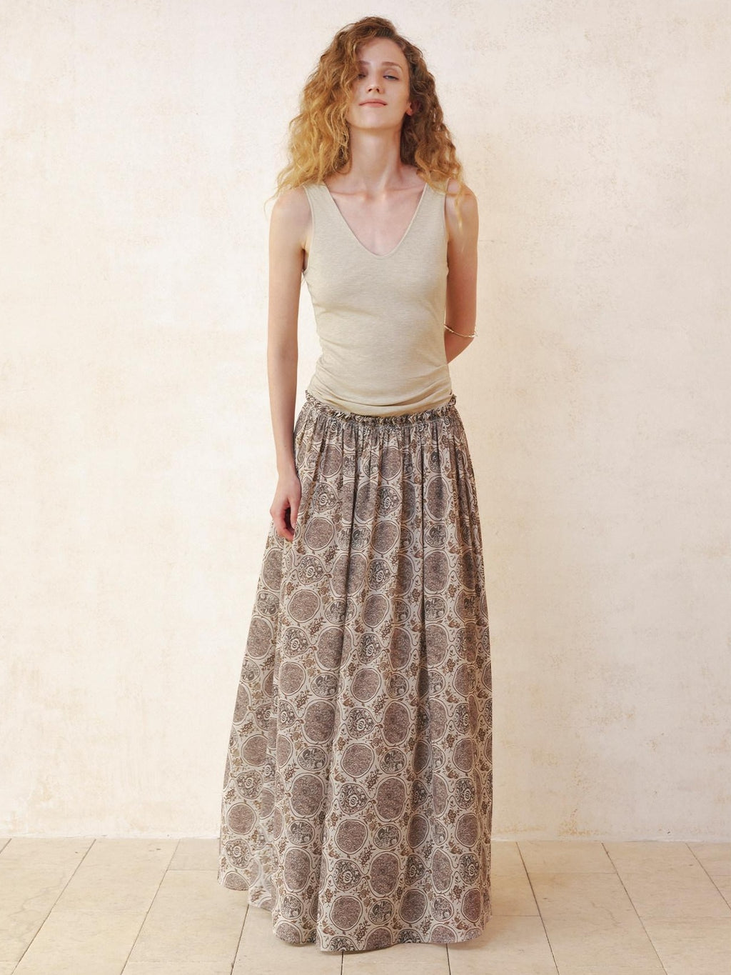 someonesometimes Lyocell Bamboo Linen Blend Pleated Panel Flared Mid Waist Women Maxi Dresses