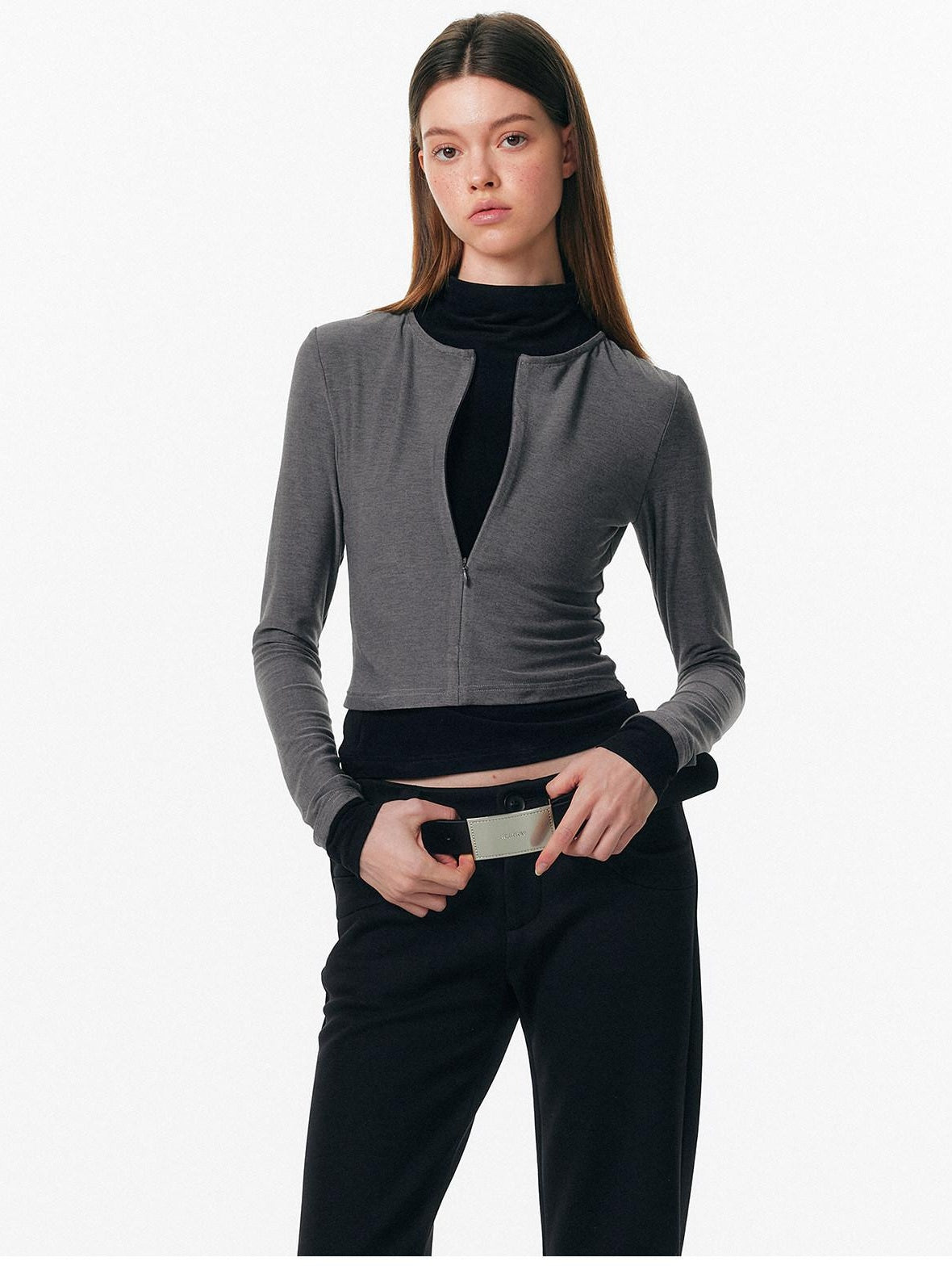 ALINNVSTUDIO Soft Zipper Slim Fit Short Collar Office Ladies Contrast Long Sleeve T-Shirts