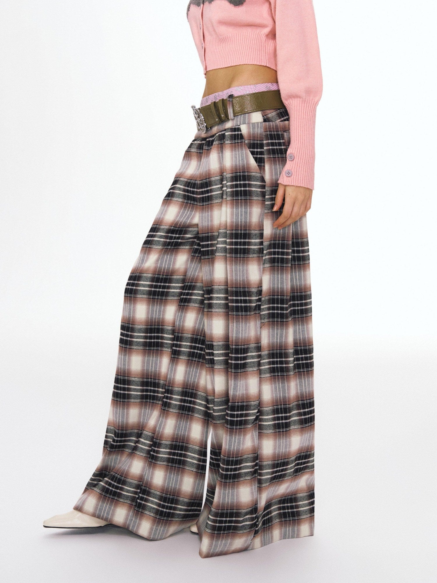Double Waist Zipper Natural Waist Relaxed Plaid Polyester Stretch Wide Leg Pants
