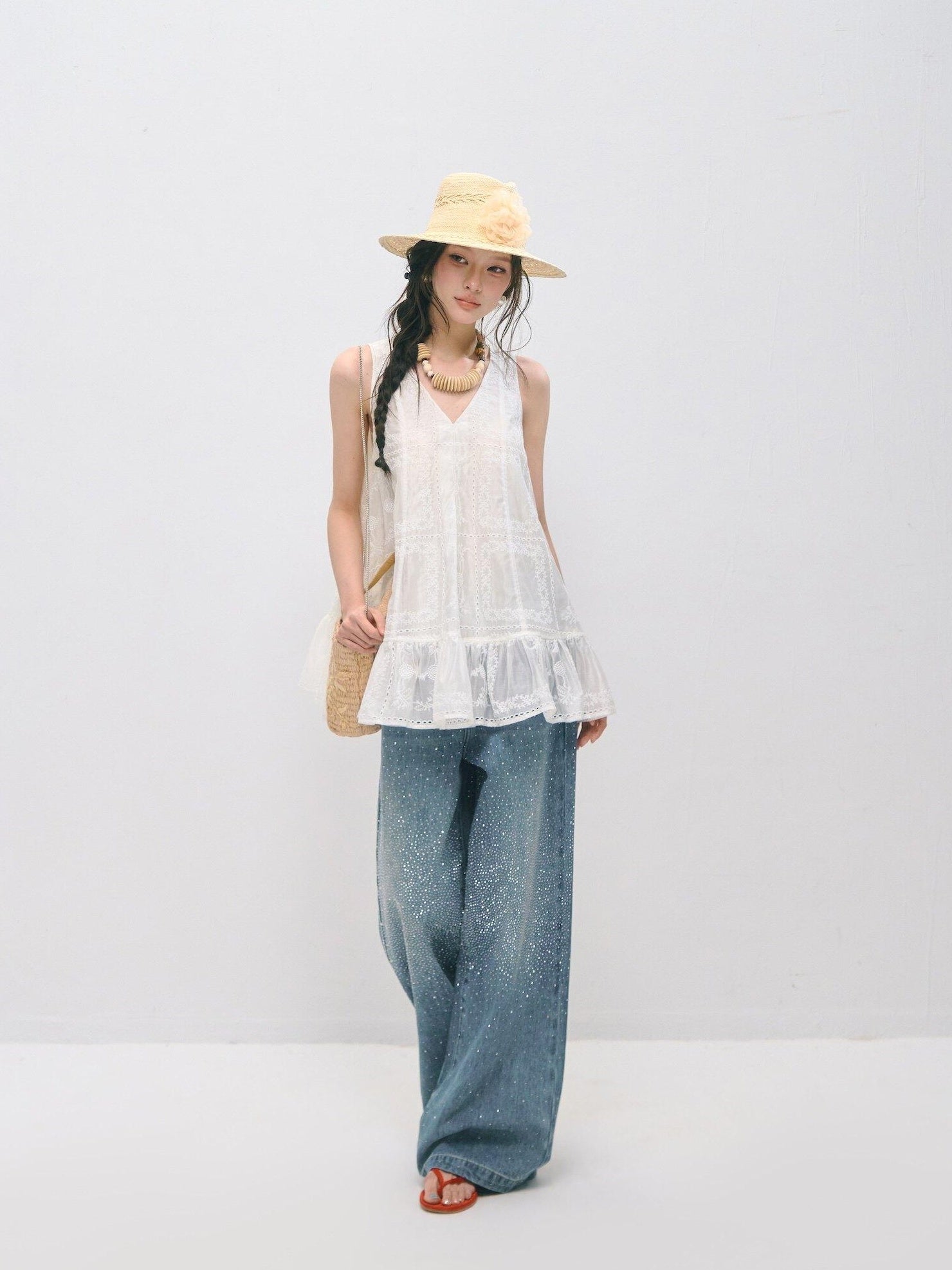 SOMESOWE Ruffled A Line Loose Fit Casual Round Neck Sleeveless Women Tank Tops