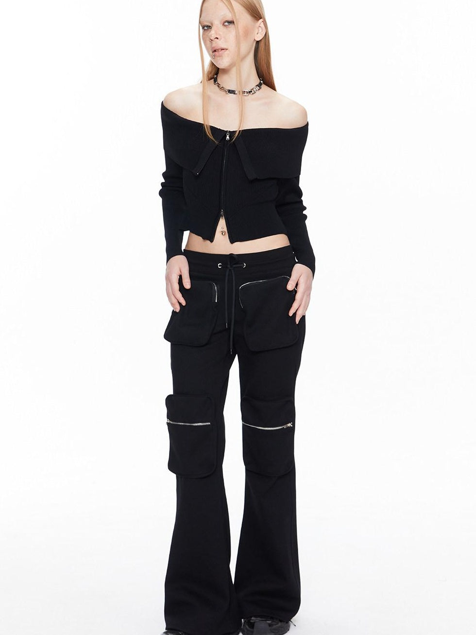 ALINNVSTUDIO Black Long Sleeve One Size Open Front Office Style Solid Off Shoulder Crop Tops