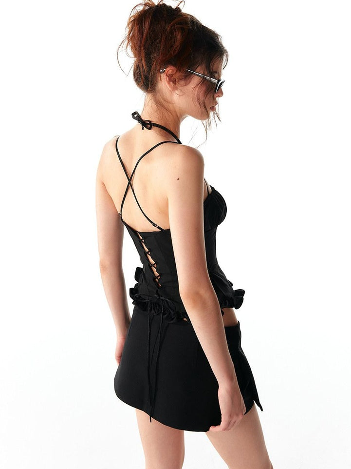 ALINNVSTUDIO Front Zipper Original Slim Fit Crop Strap Top Black Acetate Camisoles
