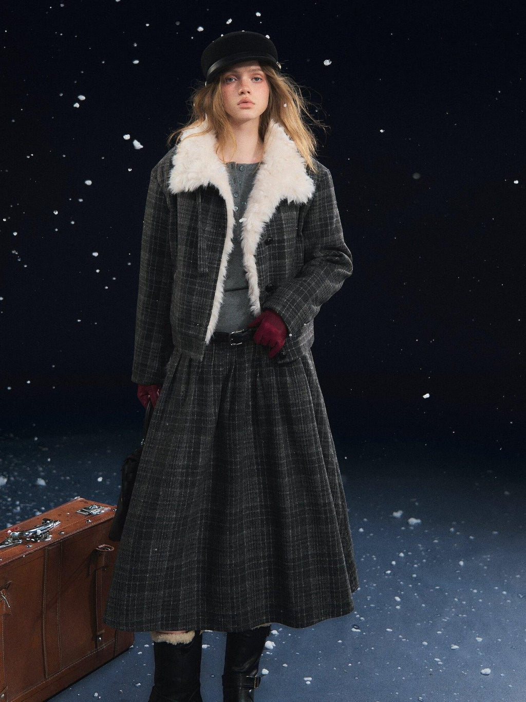 SOMESOWE Plaid Patchwork Oversized Jacket Loose Button Front Women Top & Skirt Sets