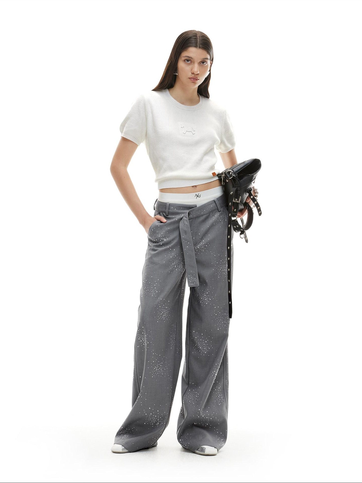 NAWSNOTAWEAR Rhinestone Low Rise Relaxed Women Button Closure Mist Gray Wide Leg Pants