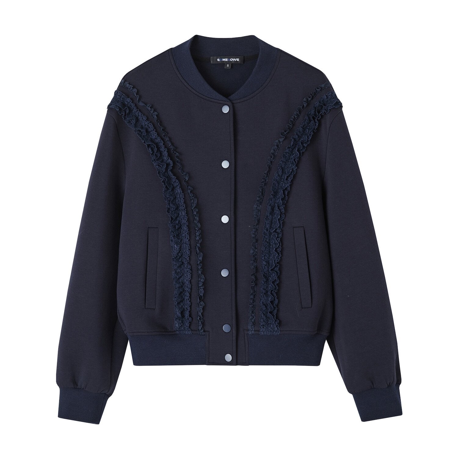 SOMESOWE_Lace_Trim_Loose_Fit_Commuter_Women_Button_Closure_Navy_Gray_Bomber_Jackets_MISSTT