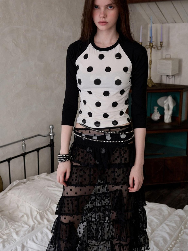 1JINN STUDIO Soft Stretch Viscose Slim Fit Cross Polka Patchwork Women Long Sleeve T-Shirts