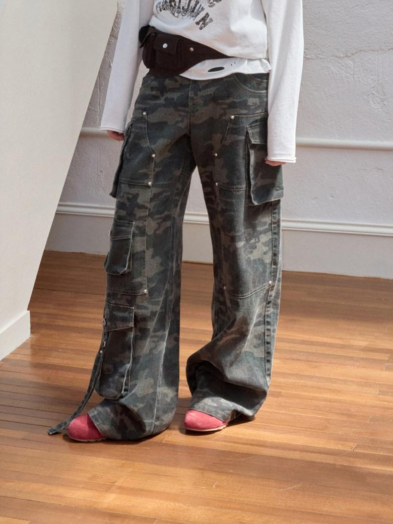 1JINN STUDIO Soft Cotton Camo Low Rise Casual Zipper Front Ladies Wide Leg Pants