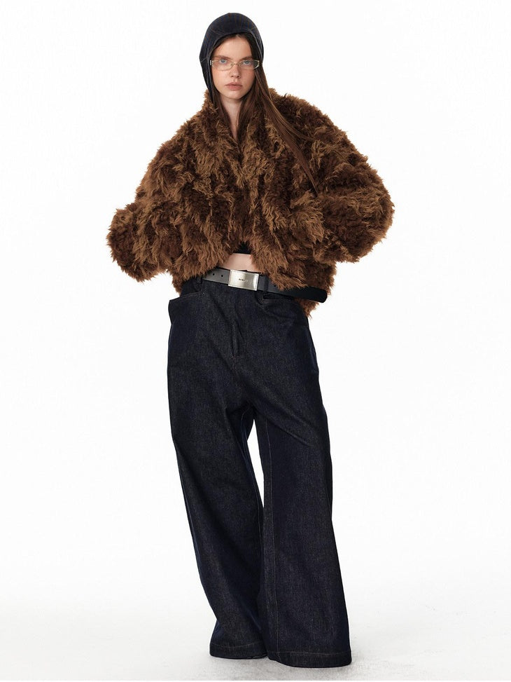 ALINNVSTUDIO Faux Fur Cropped Oversized Workwear Women Floral Pattern Leather Jackets
