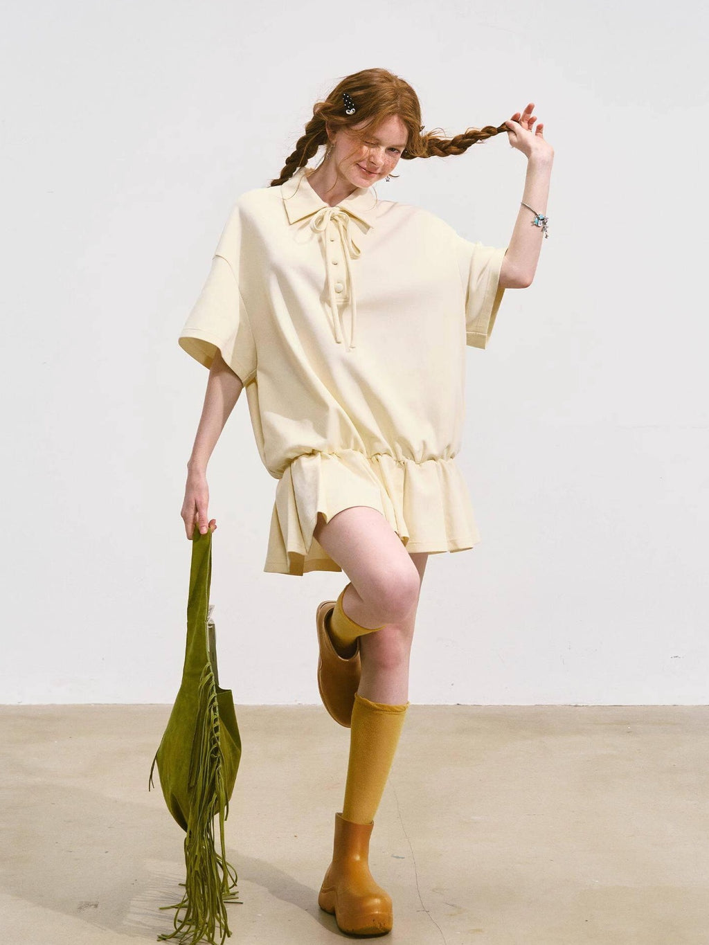 SOMESOWE Cotton Blend Minimal Tie A Line Tee Office Beige Mini Dresses