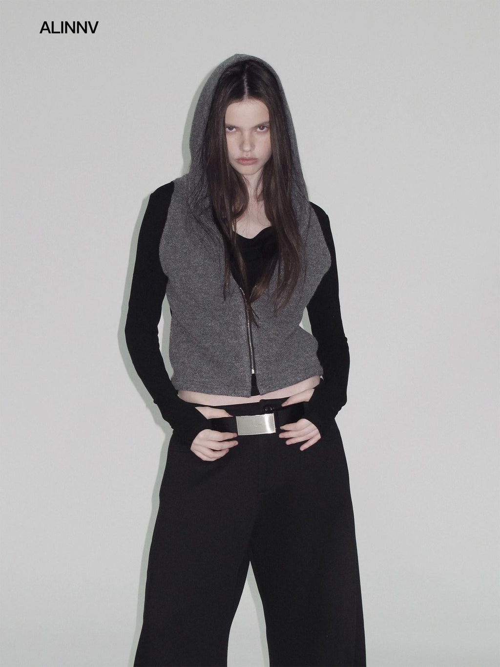 ALINNVSTUDIO Vintage Faux Layered Hooded Zip Knit Short Length Women Black Gray Cardigans