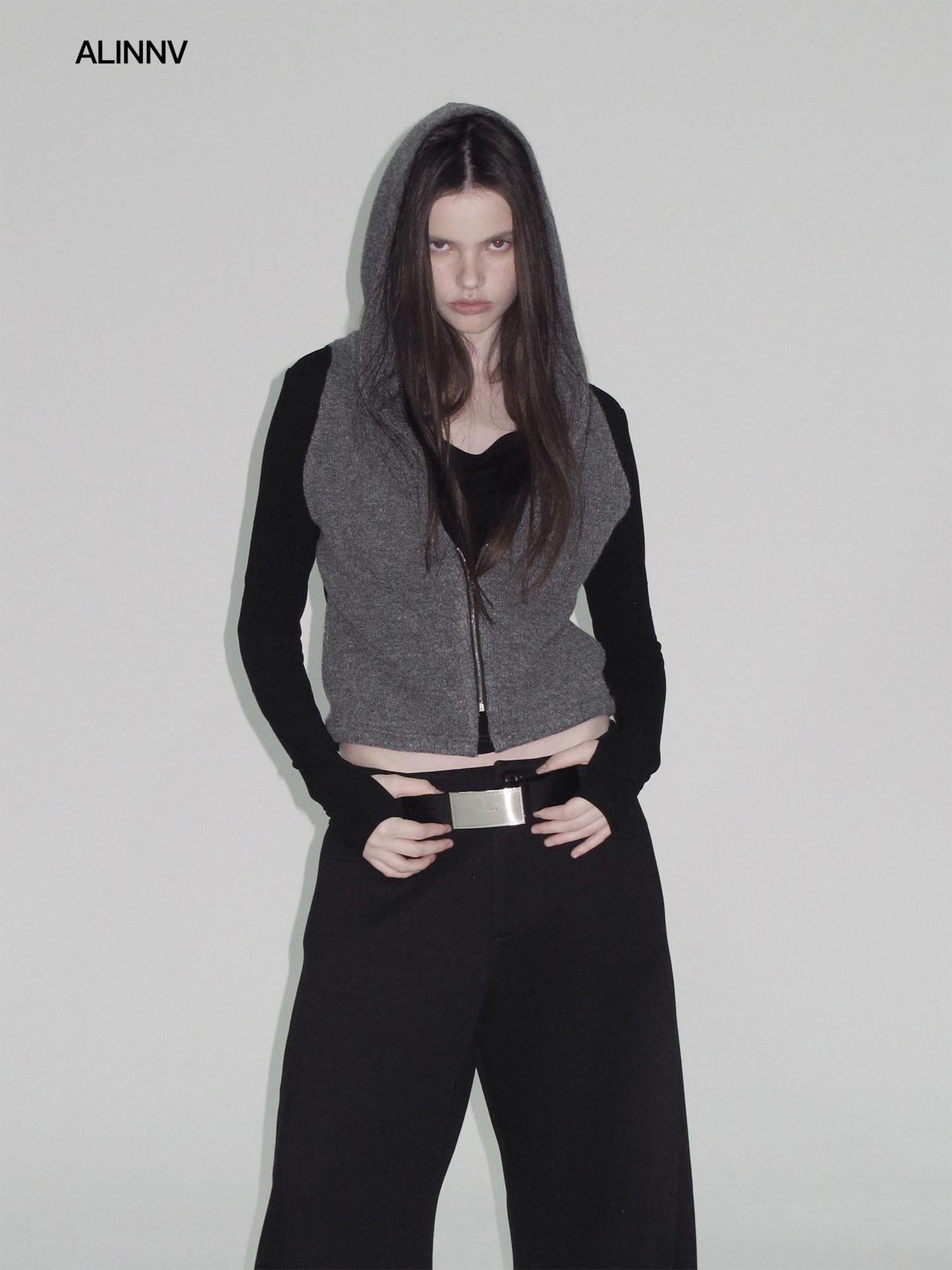 ALINNVSTUDIO Vintage Faux Layered Hooded Zip Knit Short Length Women Black Gray Cardigans