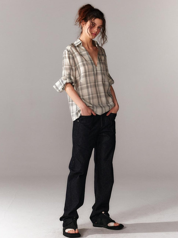 ALINNVSTUDIO Soft Lyocell Cupro Blend Oversized V-neck Button Front Plaid Casual Shirts