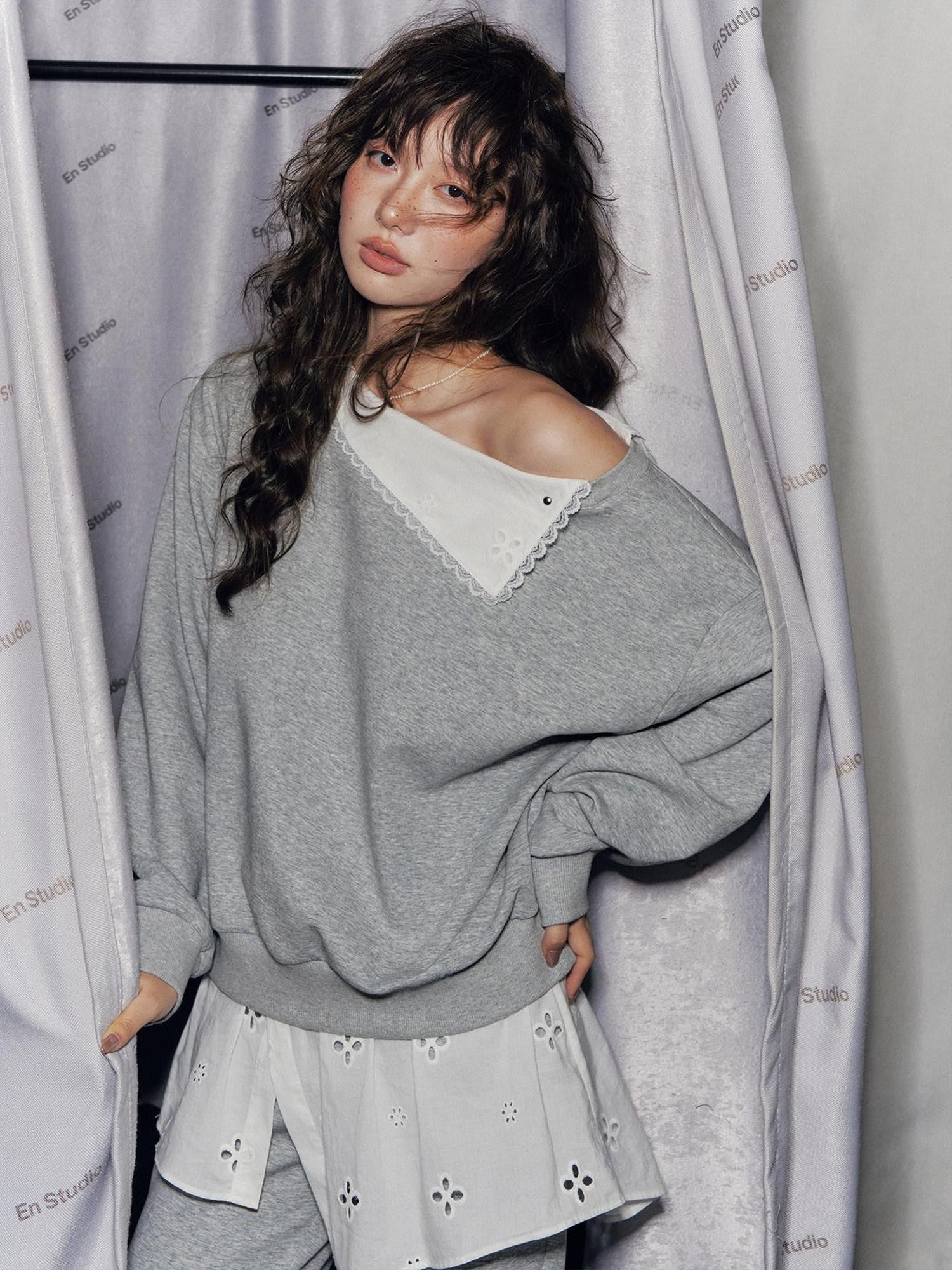 SOMESOWE Patchwork Cropped Oversized Collared Sweatshirt Heather Grey Top & Pants Sets