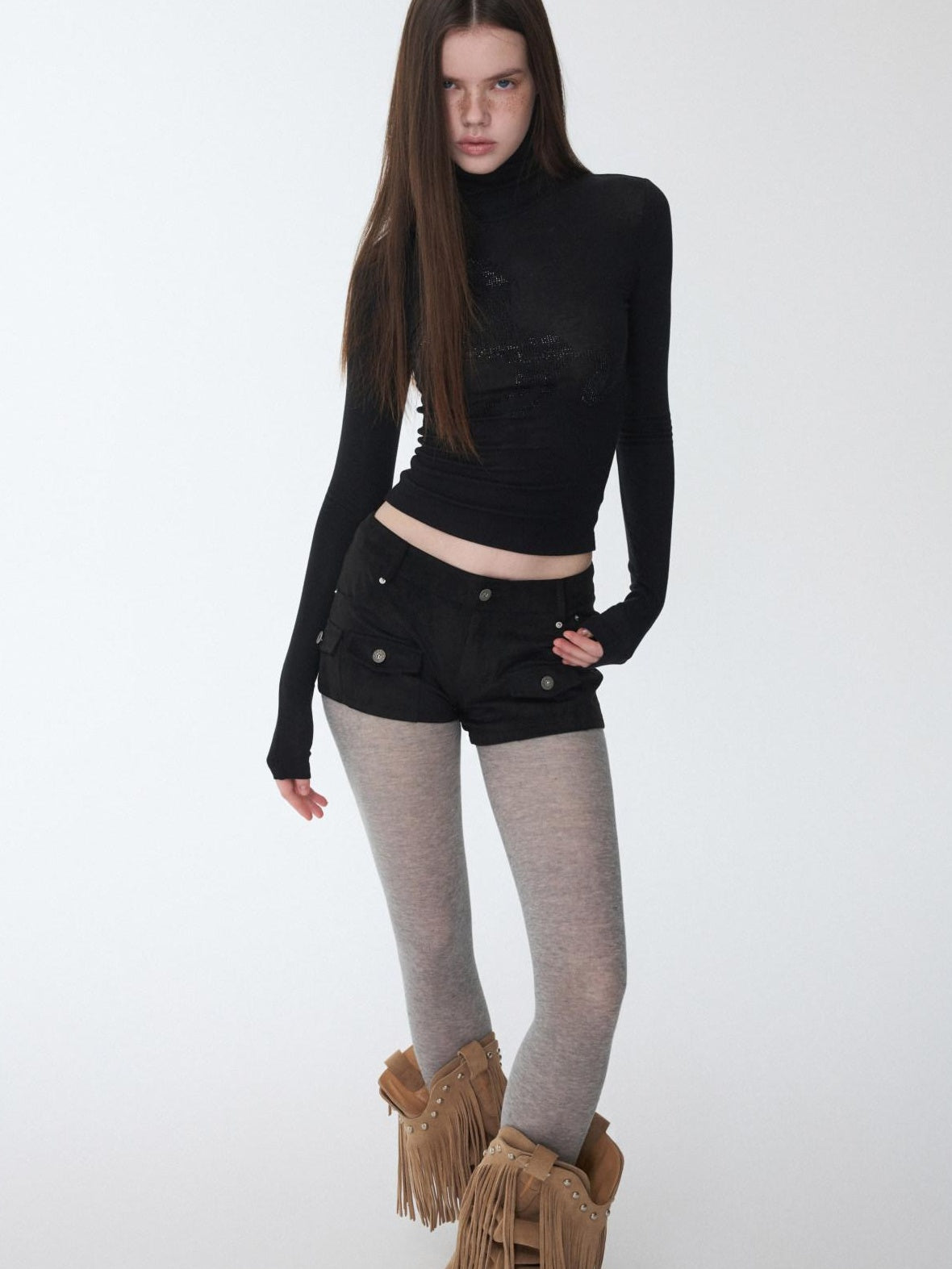 1JINN STUDIO Lyocell Wool Blend Turtleneck Long Sleeve Slim Fit Casual Women Mini Dresses
