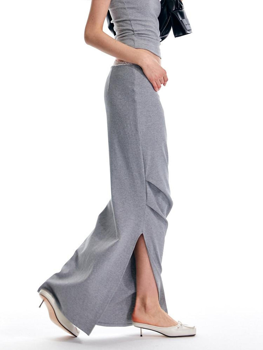 ALINNVSTUDIO Lace Knit Mid Waist Bodycon Slim Fit Youthful Black Grey Maxi Skirts