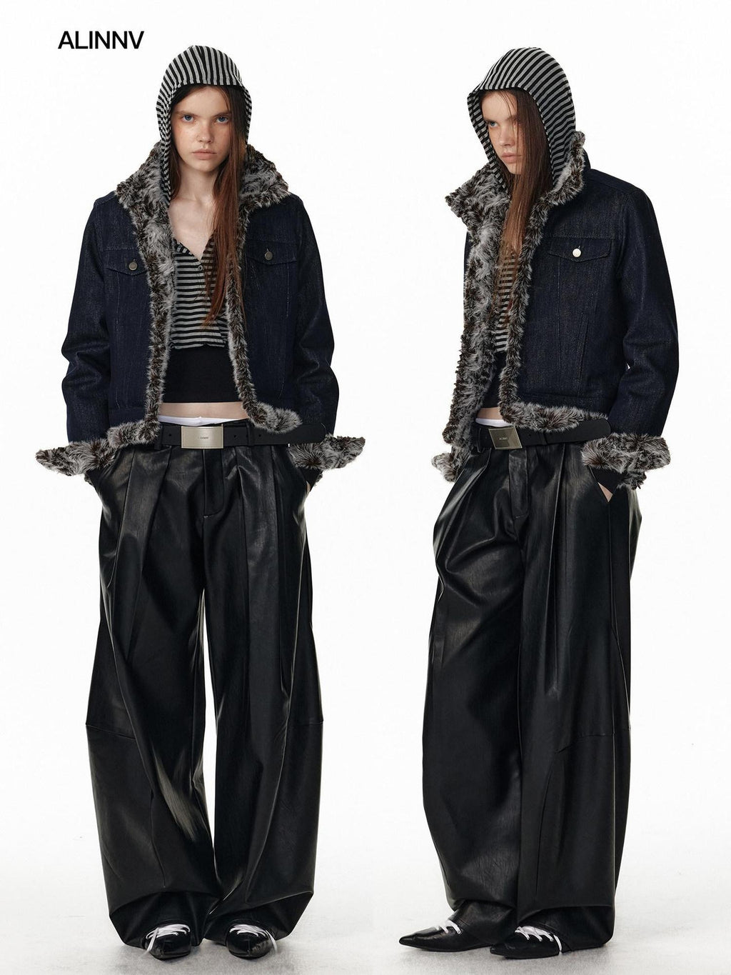 ALINNVSTUDIO Warm Reversible Retro Straight Short Zip Stand Collar Women Leather Jackets
