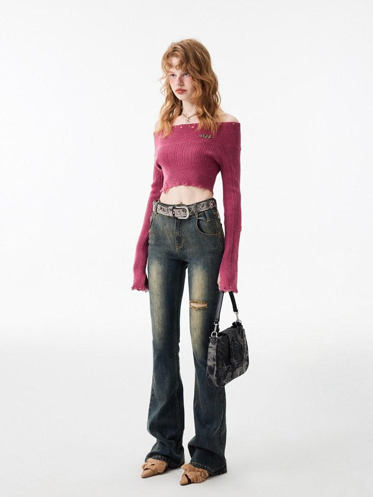 1JINN STUDIO Thick Micro Stretch Vintage Washed Slim Natural Waist Women Denim Flared Jeans