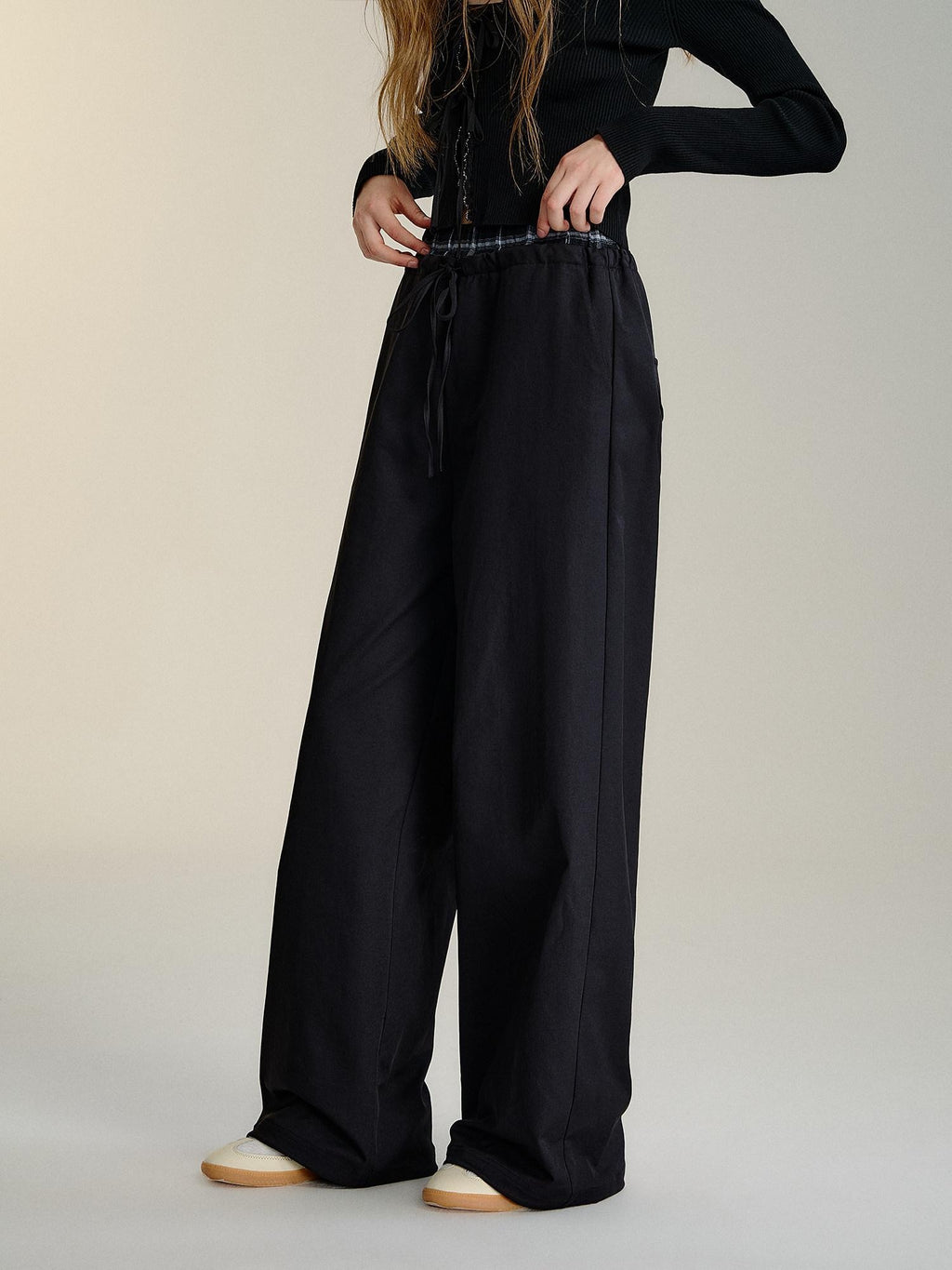 SOMESOWE Minimalist Double Waist Drawstring Natural Waist Office Women Wide Leg Pants