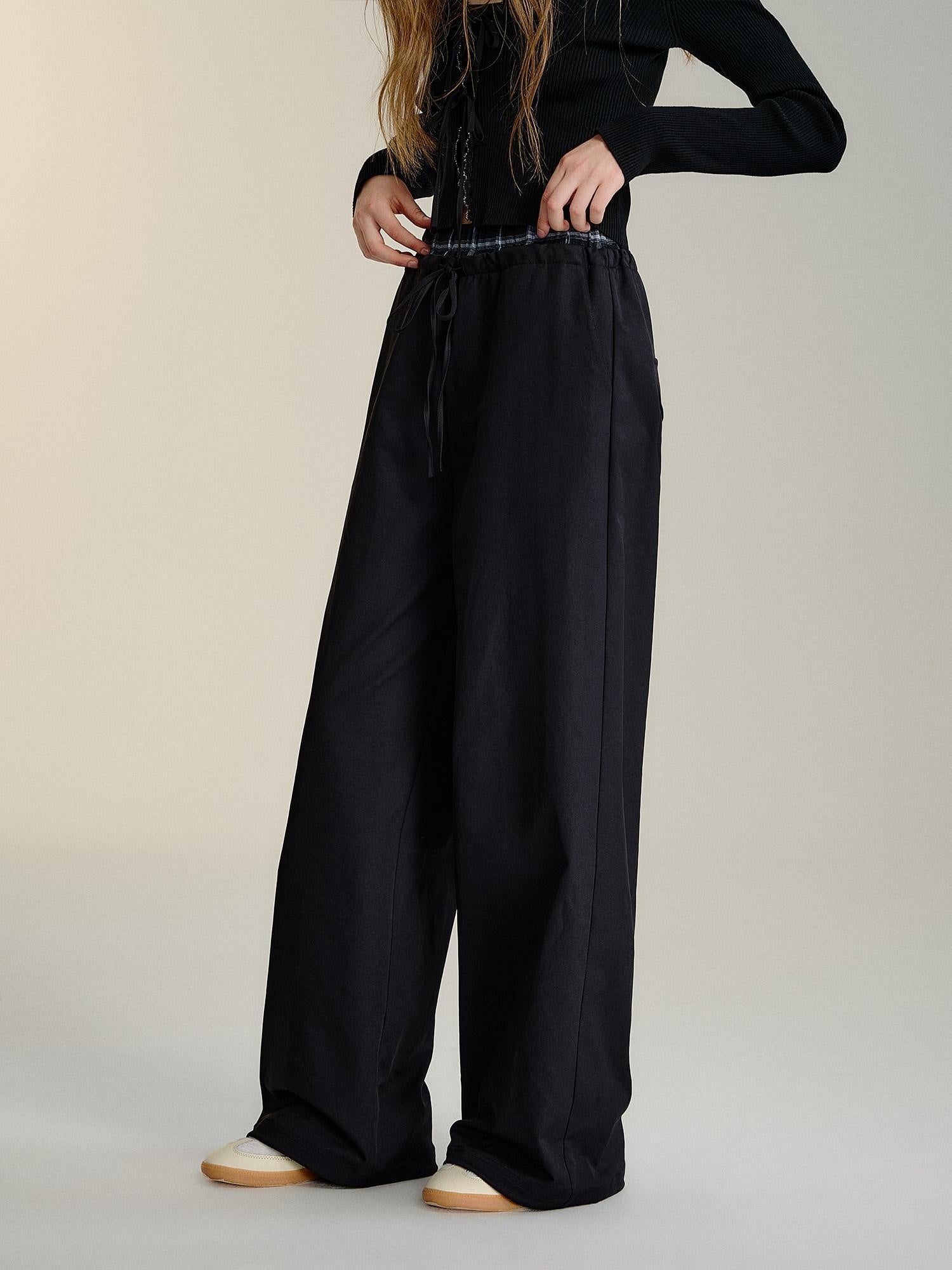 SOMESOWE Minimalist Double Waist Drawstring Natural Waist Office Women Wide Leg Pants
