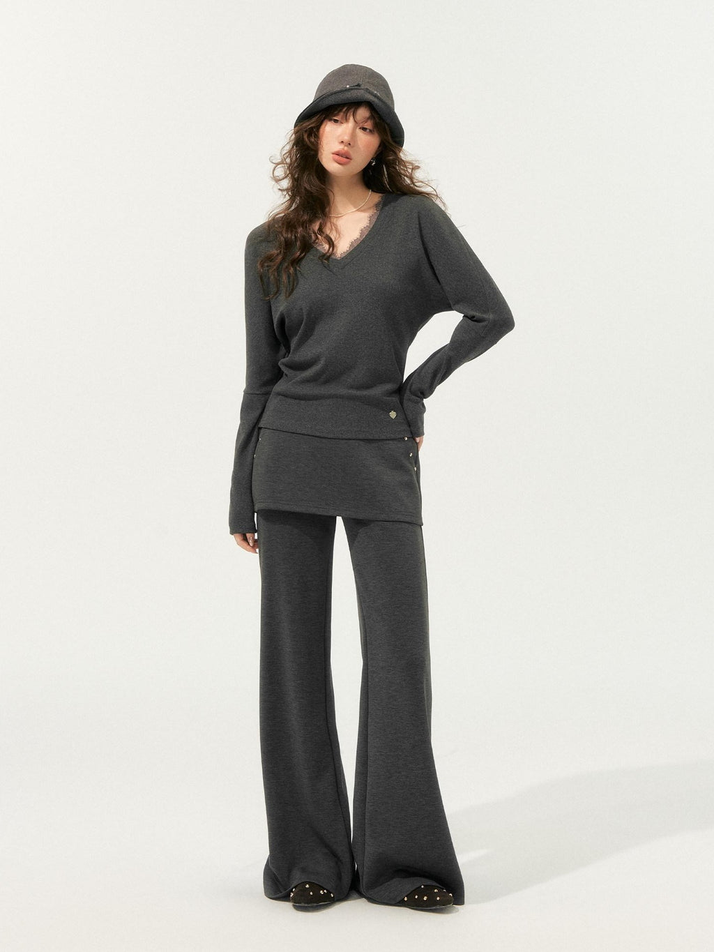 SOMESOWE Cozy Knit V-neck Cropped Batwing Top Loose Straight Pants Top & Pants Sets