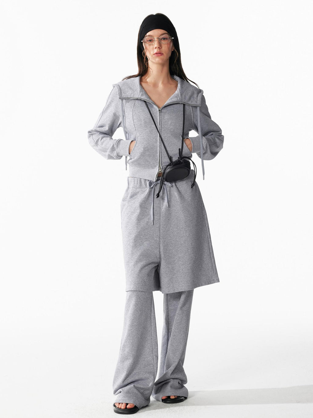 ALINNVSTUDIO Cozy Drawstring Layered Faux Two Piece Relaxed Low Rise Teen Casual Sweatpants