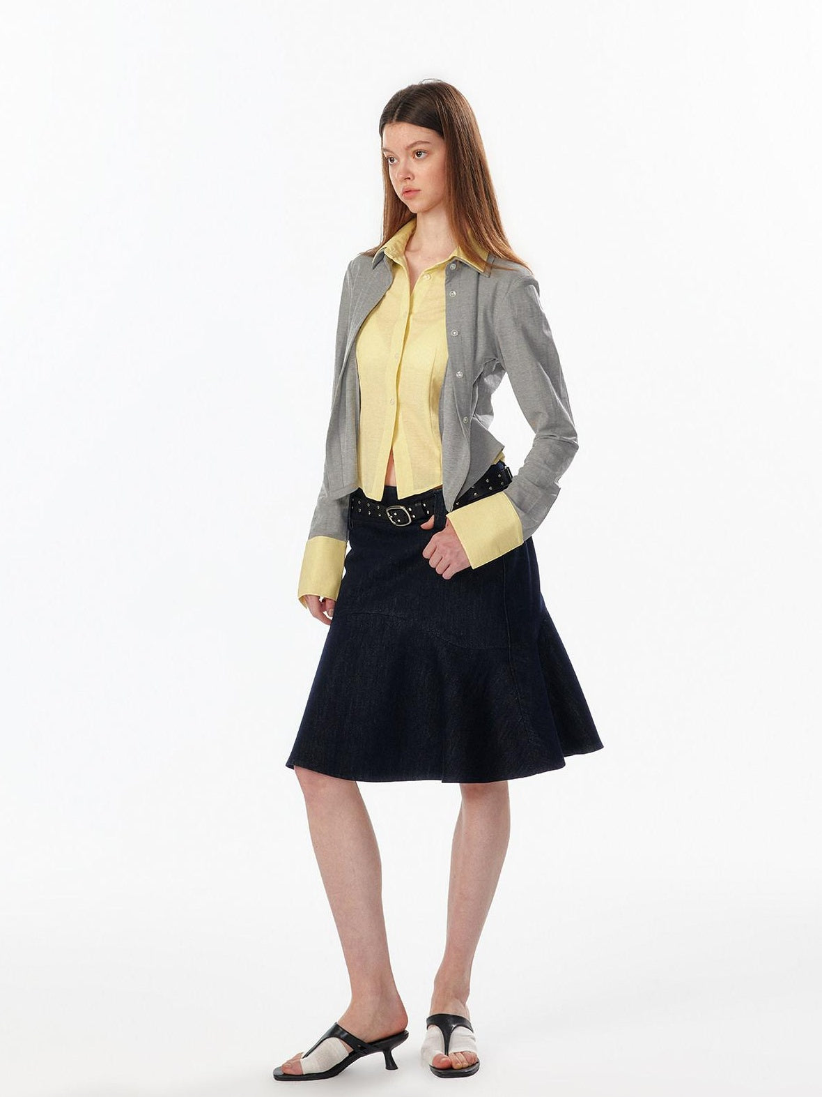 ALINNVSTUDIO Colorblock Faux Layered Slim Waist Cropped Cardigan Longsleeve Womens Shirts