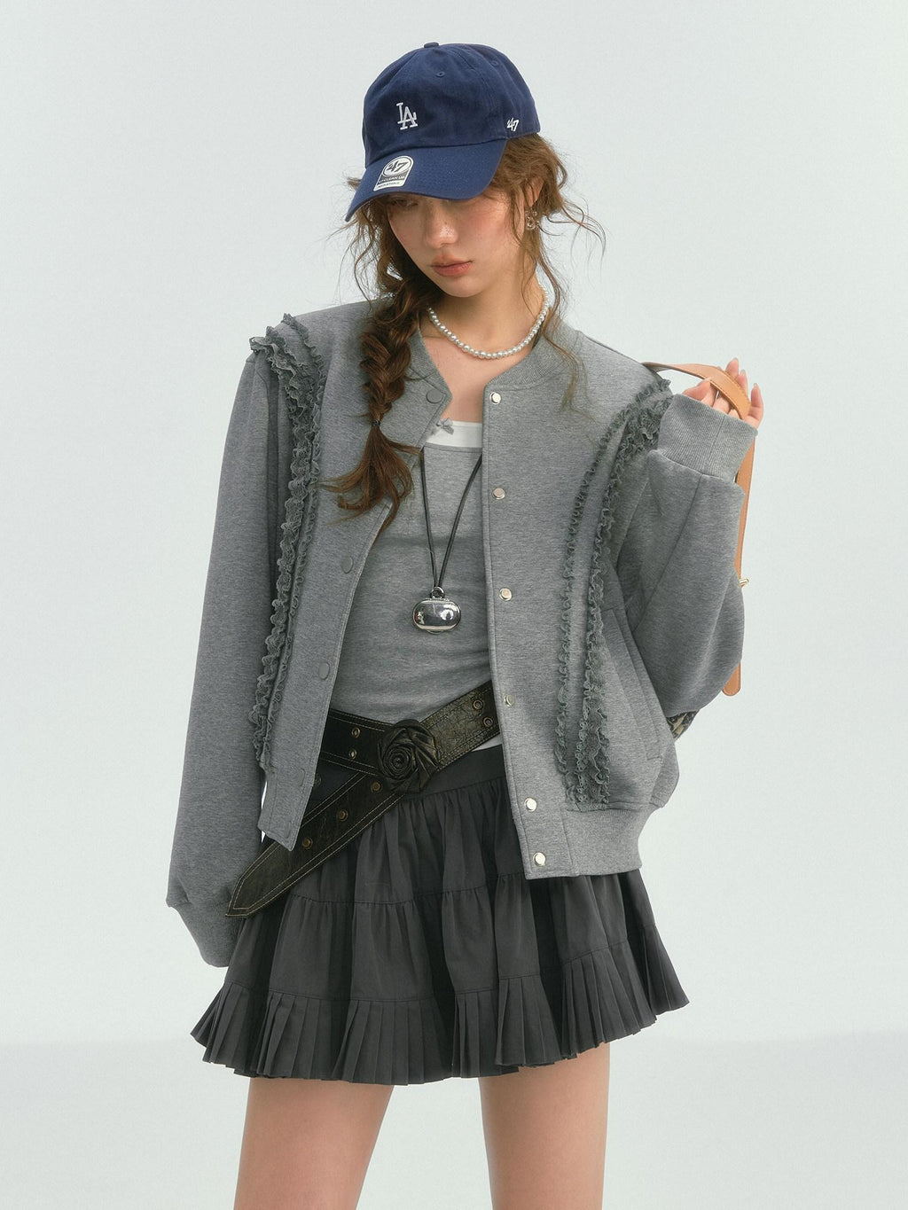 SOMESOWE Lace Trim Loose Fit Commuter Women Button Closure Navy Gray Bomber Jackets