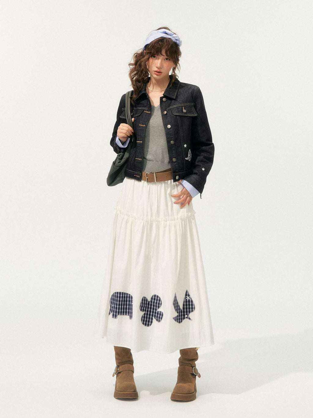 SOMESOWE High Waist French A Line Patch Detail Loose Fit Casual White Maxi Skirts