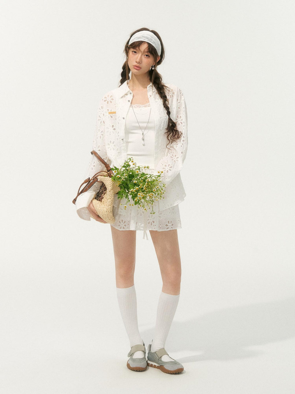 SOMESOWE Floral Cotton Collared Button Long Sleeve Casual Women Top & Skirt Sets