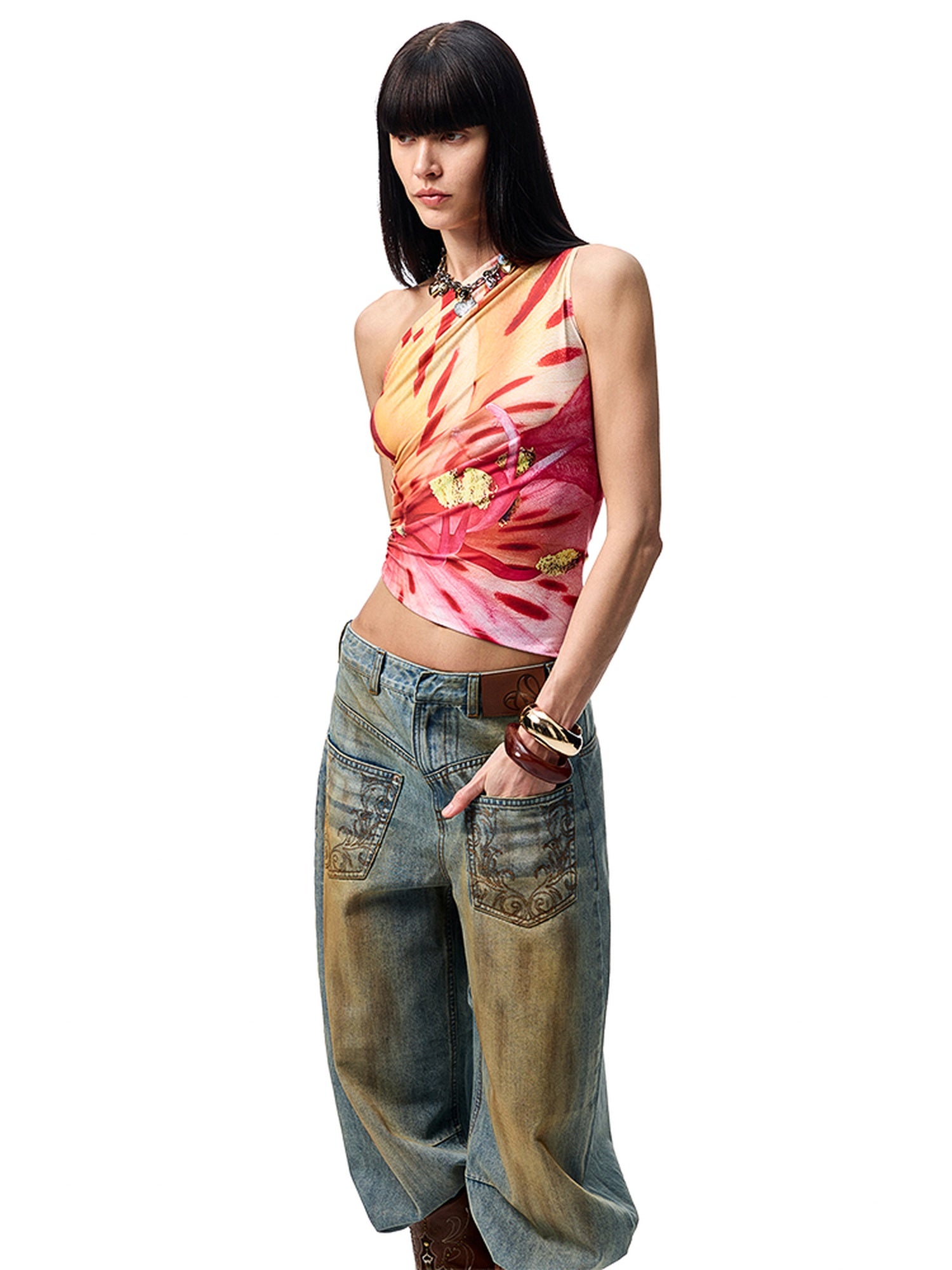 1JINN STUDIO Floral Print One Shoulder Slim Fit Street Women Polyester Stretch Tank Tops