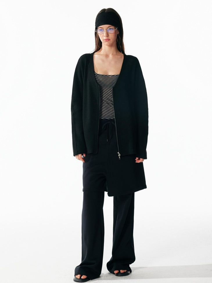 ALINNVSTUDIO Non Deforming Vintage Zip Regular Fit Long Sleeve Women Knit Black Cardigans