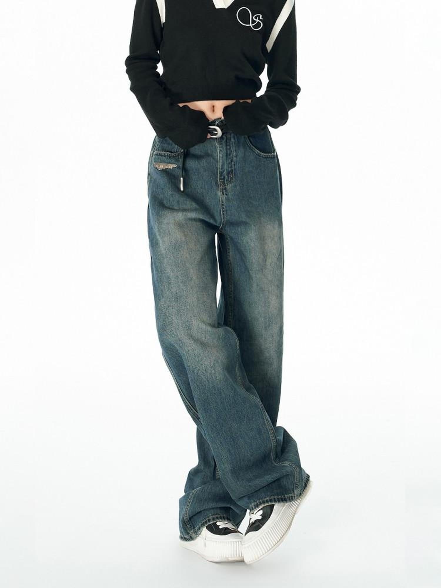 SOMESOWE Cotton Slight Stretch Unisex Loose Natural Waist Washed Blue Wide Leg Jeans