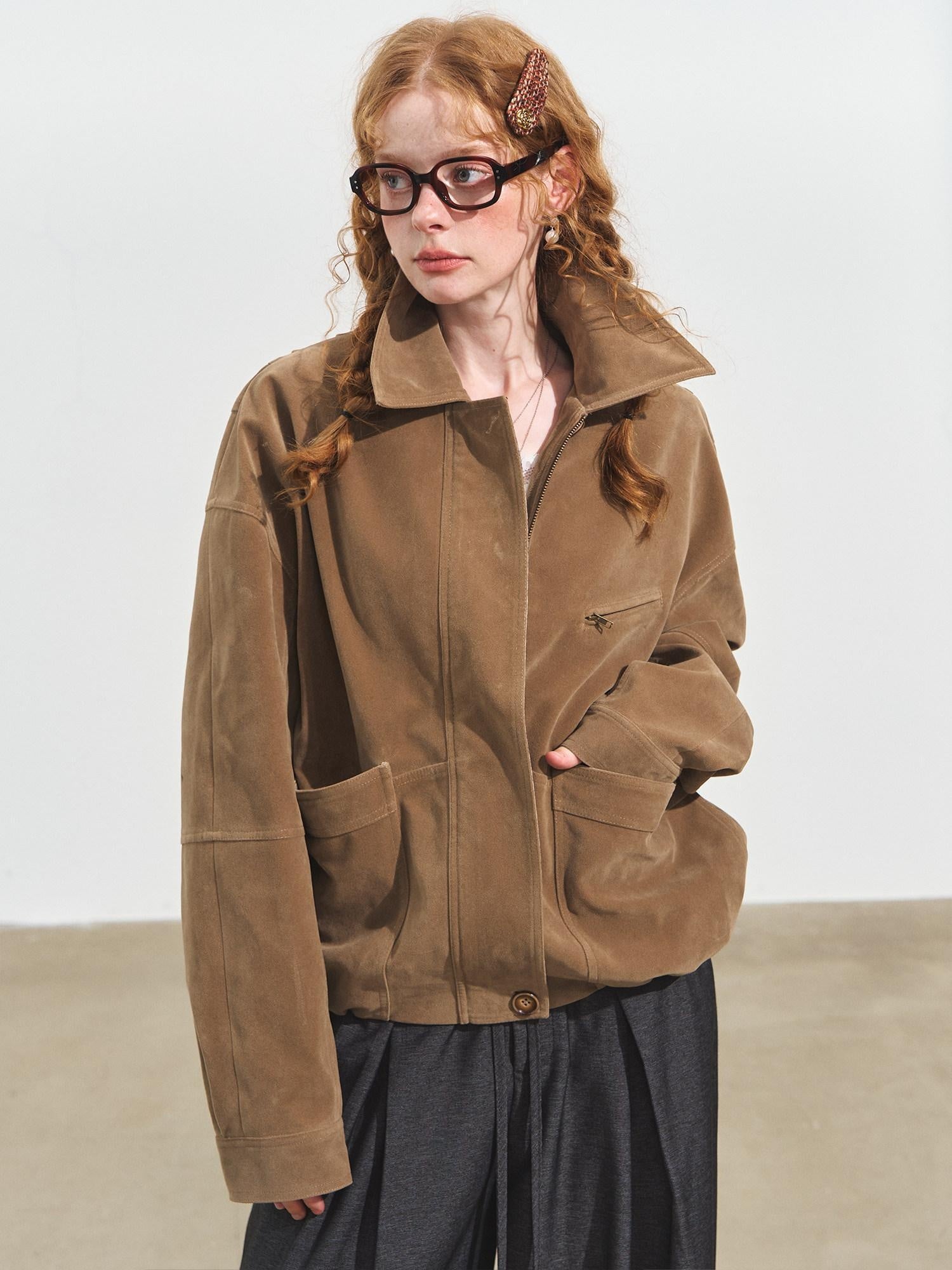 SOMESOWE Pocketed Loose Fit Streetwear Stand Collar Zipper Youth Brown Leather Jackets