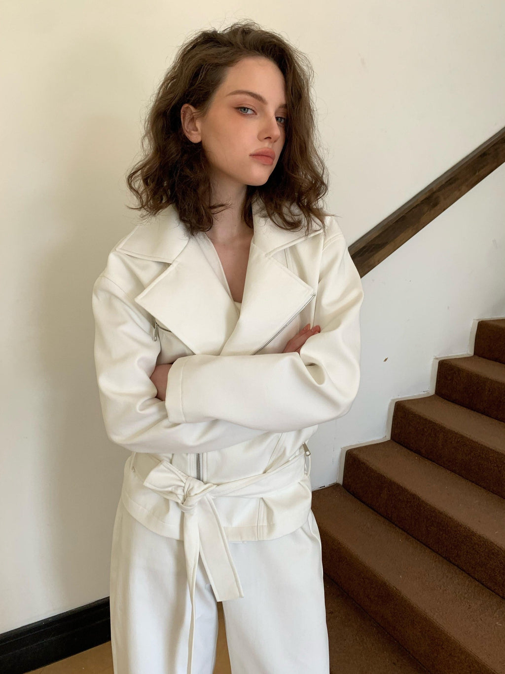 BUZHOU 100% Cotton Lapel Edgy Biker Short Women White Jacket Cropped Jackets