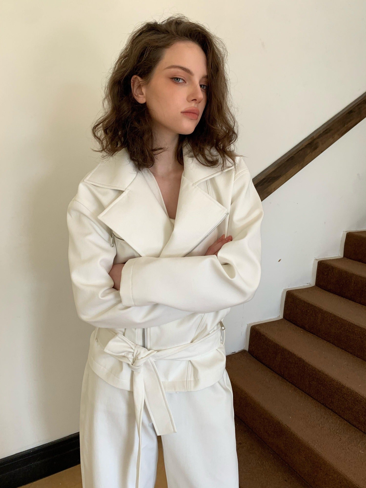 BUZHOU 100% Cotton Lapel Edgy Biker Short Women White Jacket Cropped Jackets