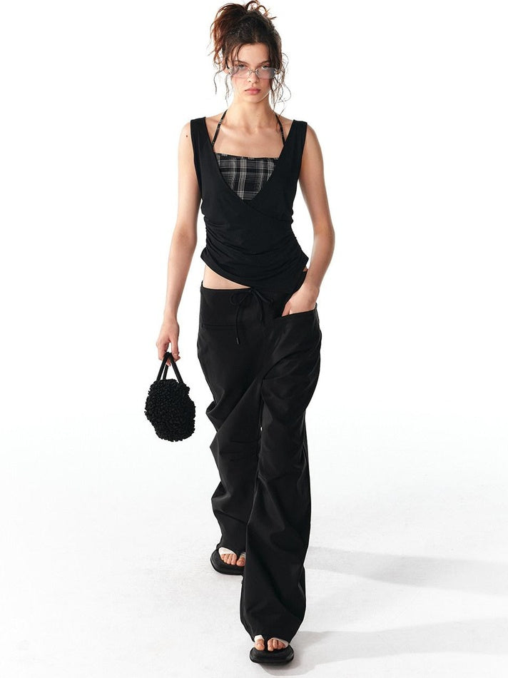 ALINNVSTUDIO Original Patchwork Design Slim Fit Modal Stretch Strappy Youth Black Tank Tops