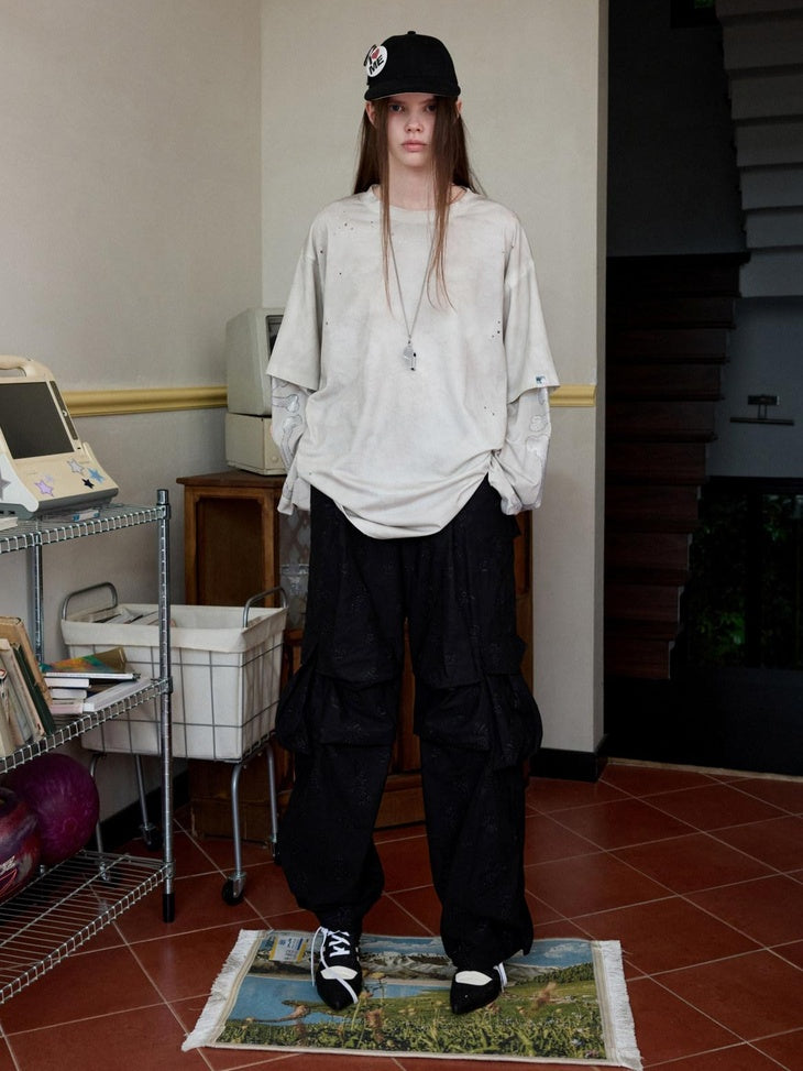 1JINN STUDIO Versatile Minimal Loose Flared Low Rise Zip Fly Cotton Jacquard Cargo Pants