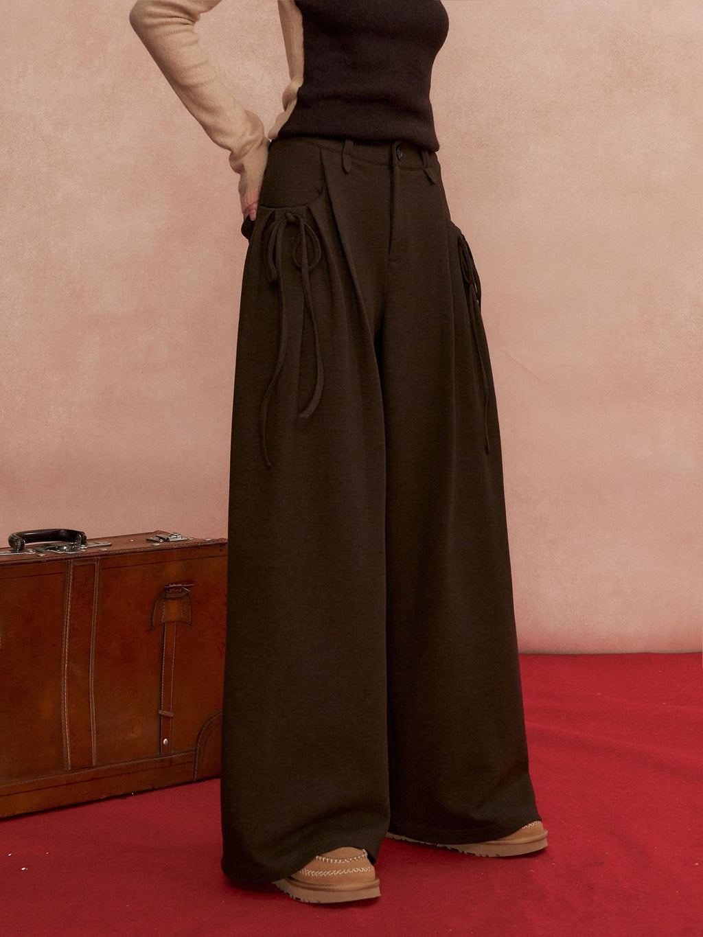 SOMESOWE Pleated Pockets Bow Print Natural Waist Casual Women Wide Leg Pants
