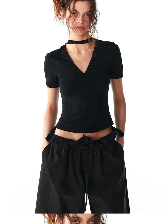 ALINNVSTUDIO Moisture Modal Stretch Asymmetric V-neck Slim Cross Basic Crop Tops