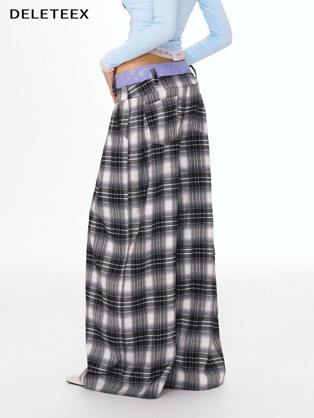 Double Waist Zipper Natural Waist Relaxed Plaid Polyester Stretch Wide Leg Pants