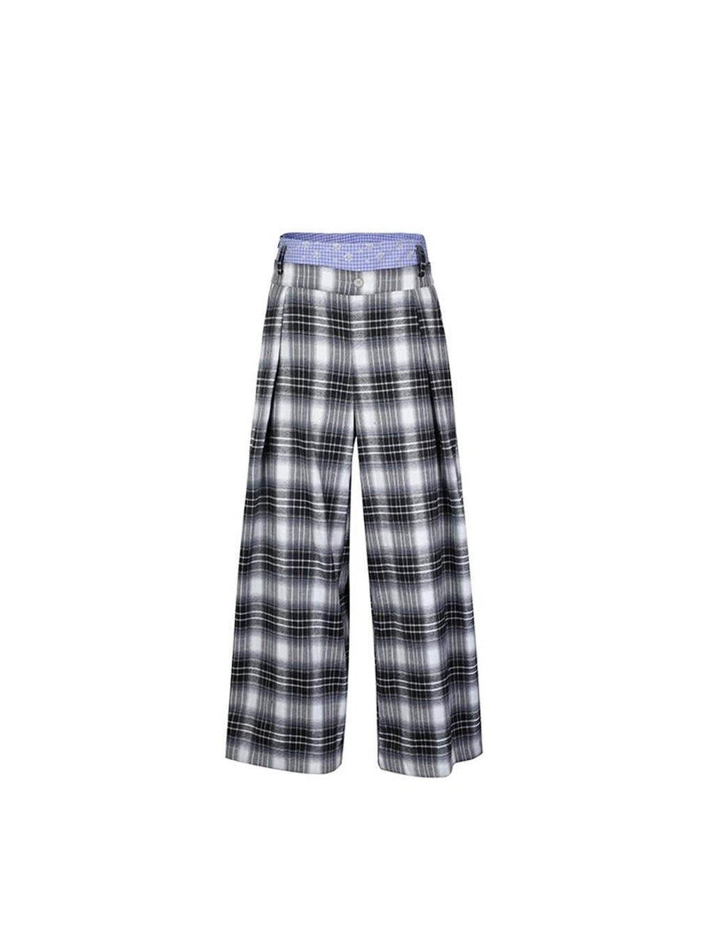 Double Waist Zipper Natural Waist Relaxed Plaid Polyester Stretch Wide Leg Pants