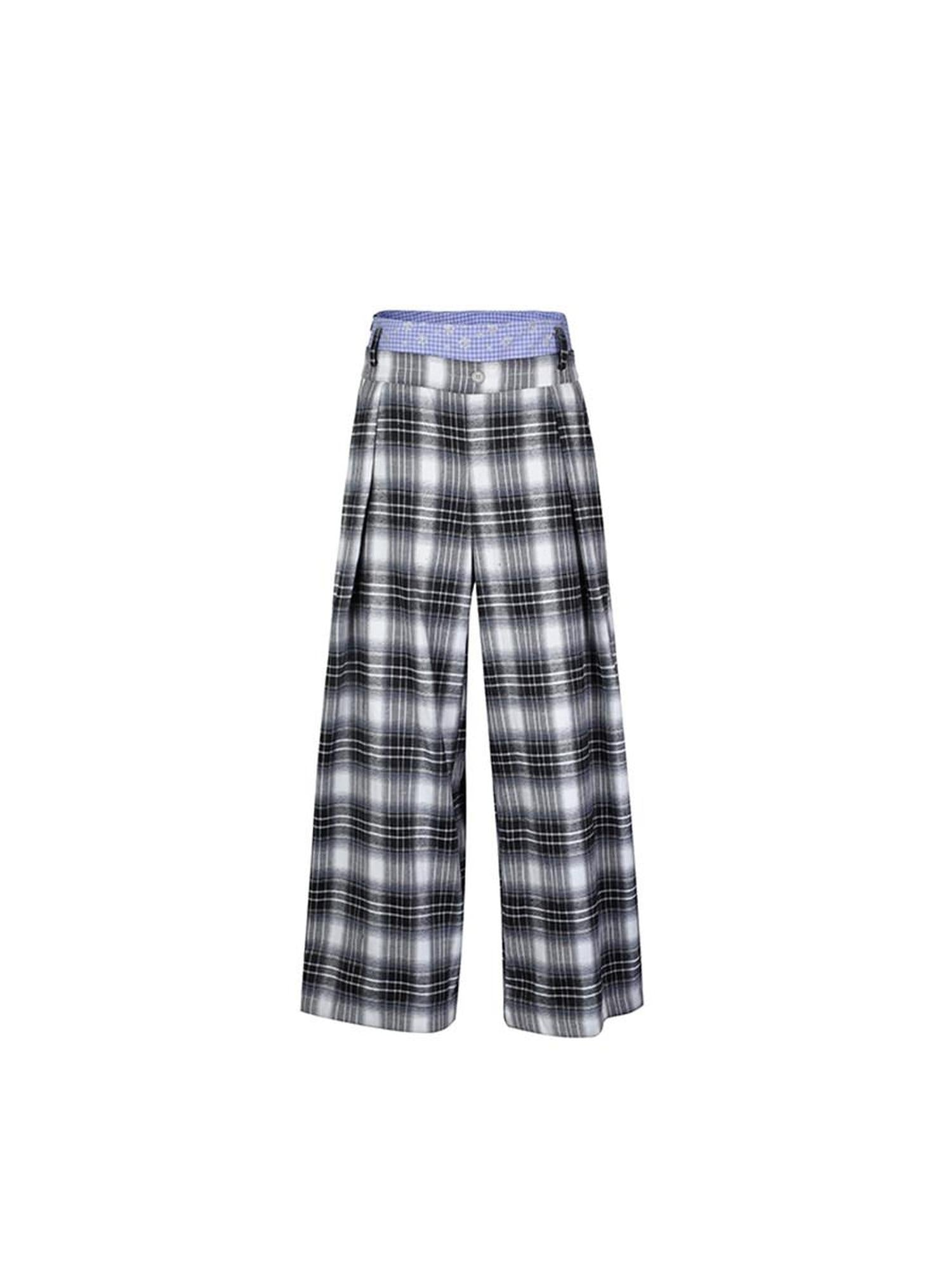 Double Waist Zipper Natural Waist Relaxed Plaid Polyester Stretch Wide Leg Pants