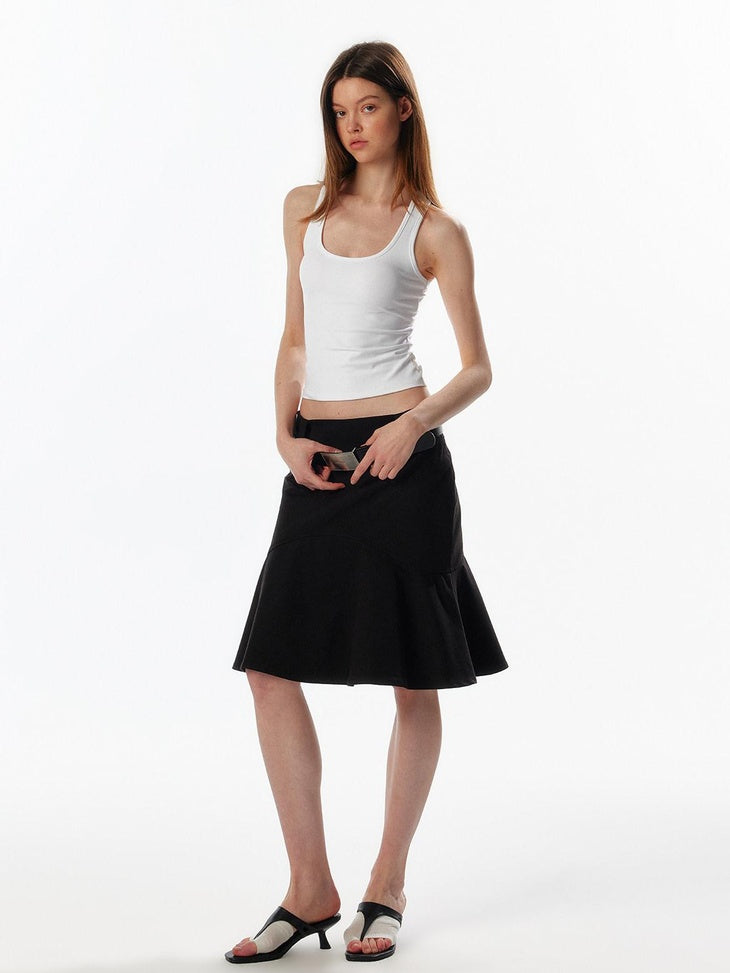 ALINNVSTUDIO Lined Wide Waistband Fishtail Mermaid Back Zipper Women Black Denim Midi Skirts
