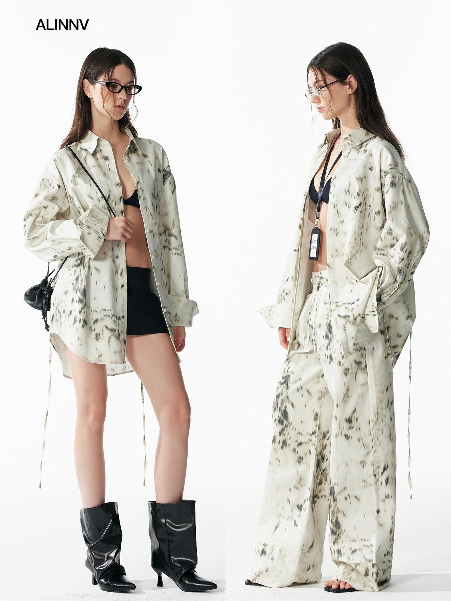 ALINNVSTUDIO Leopard Print Tie Waist Loose Fit Casual Lapel Women Top & Pants Sets