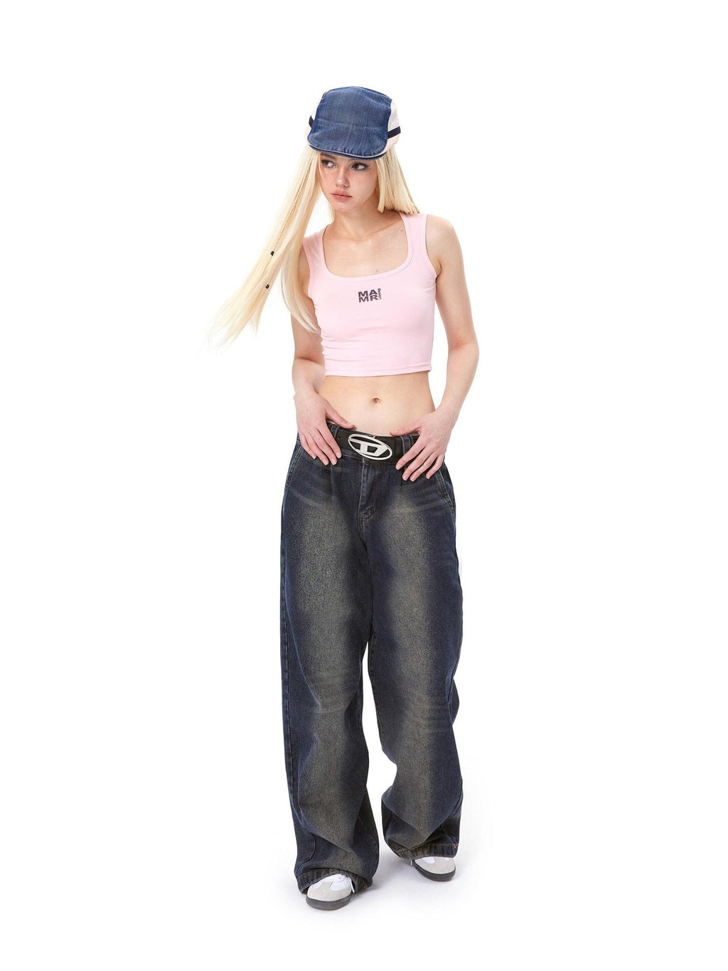 DeleteEx High Waist Distressed American Loose Fit Zipper Women Dark Blue Wide Leg Jeans