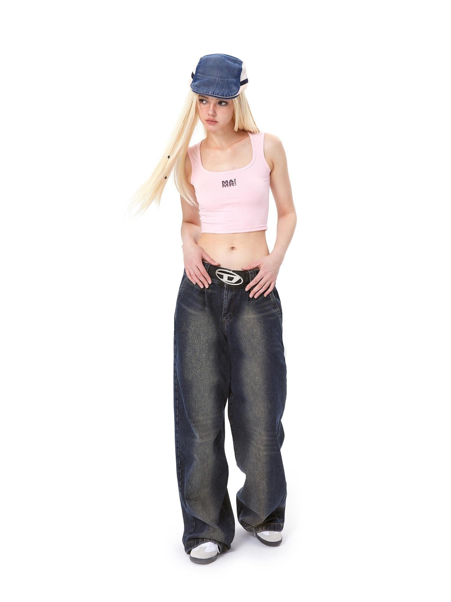 DeleteEx High Waist Distressed American Loose Fit Zipper Women Dark Blue Wide Leg Jeans